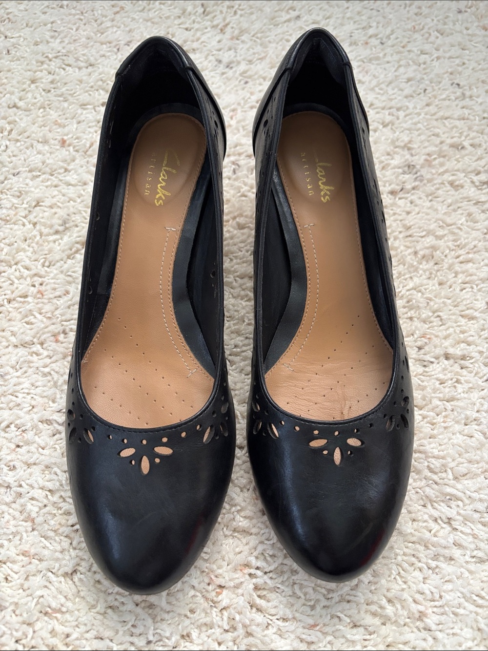 Clarks Black Leather Women's Ballet Flats with Perforated Floral Cutouts